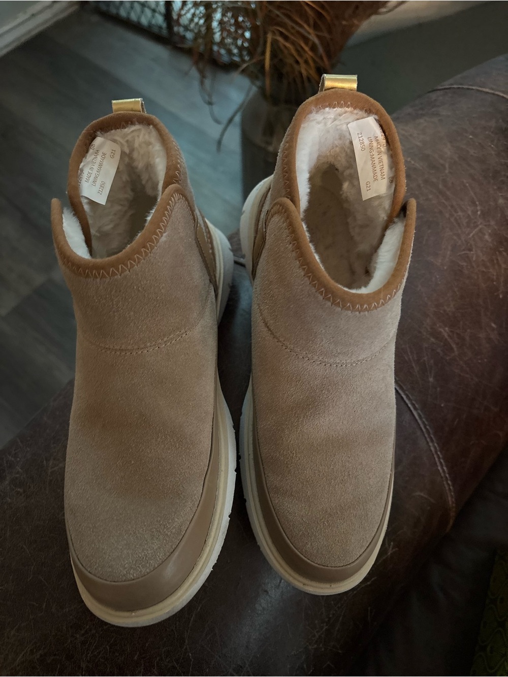 Cole Haan Men's Tan Suede Shearling-Lined Slip-On Boots